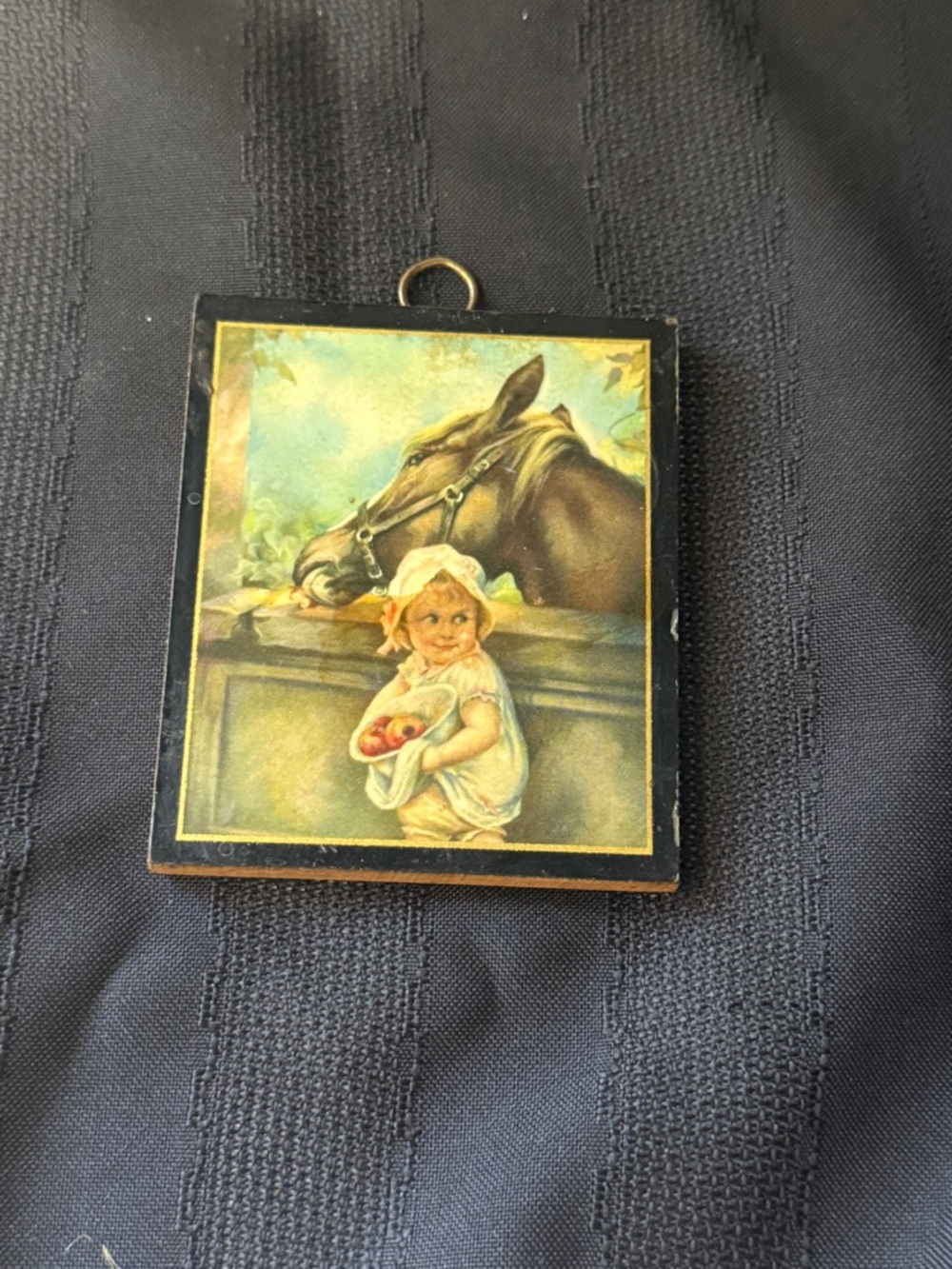 Vintage miniature wood plaque Child feeding apples to Horse nursery decor